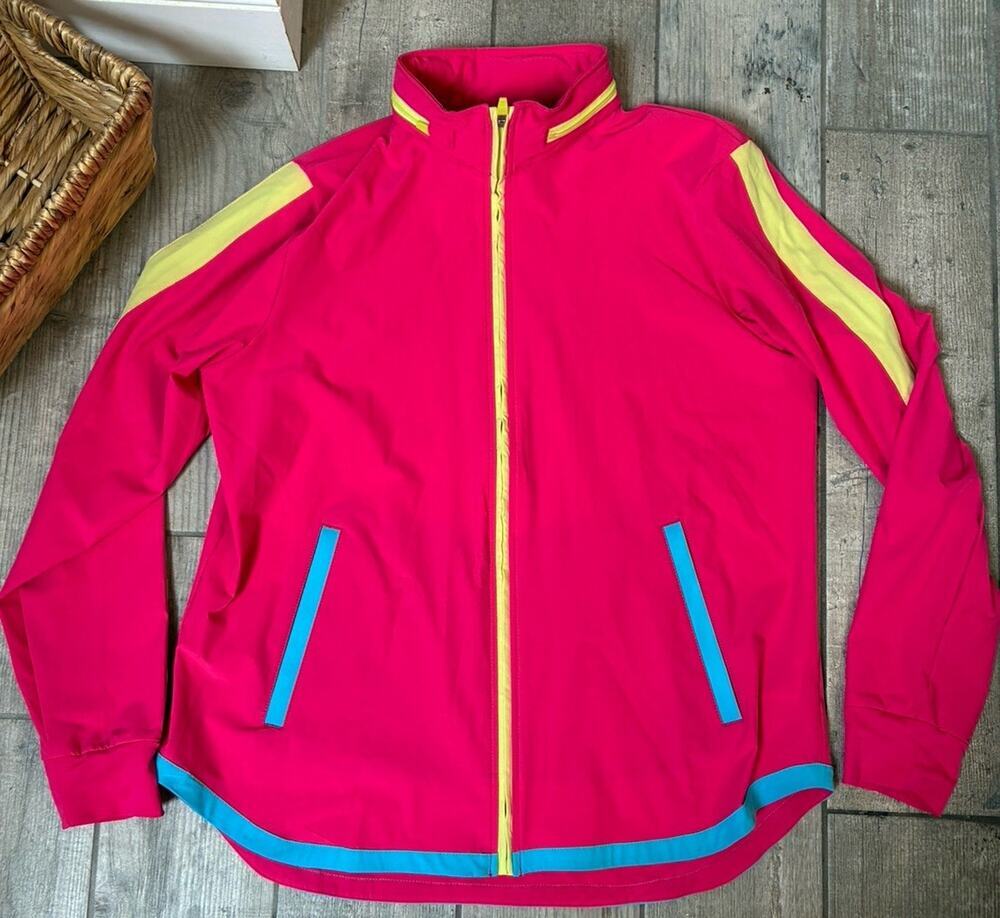 Lands' End Women's Large Colorblock Full-Zip Windbreaker Jacket Pink Retro Retro